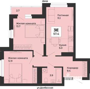 3-к квартира, строящийся дом, 57м2, 23/25 этаж