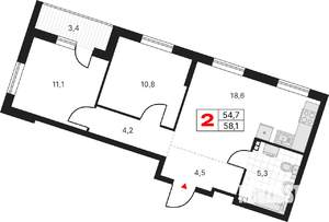 2-к квартира, вторичка, 58м2, 13/17 этаж