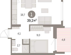 1-к квартира, вторичка, 39м2, 6/9 этаж