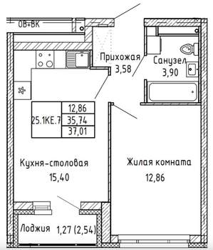 1-к квартира, вторичка, 37м2, 25/28 этаж