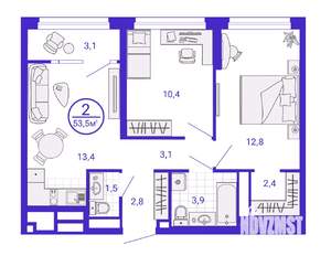 2-к квартира, строящийся дом, 52м2, 10/28 этаж