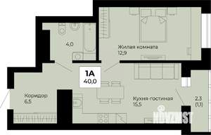 1-к квартира, строящийся дом, 40м2, 19/25 этаж