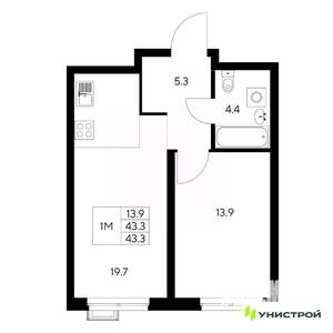 1-к квартира, вторичка, 43м2, 1/31 этаж