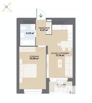1-к квартира, вторичка, 45м2, 24/26 этаж
