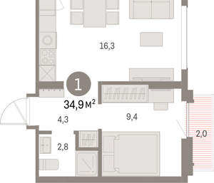1-к квартира, вторичка, 35м2, 8/9 этаж