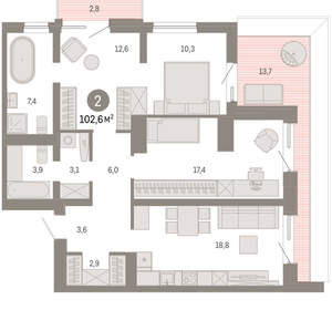 2-к квартира, вторичка, 103м2, 7/8 этаж
