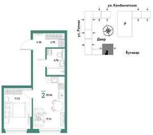 2-к квартира, строящийся дом, 40м2, 5/21 этаж