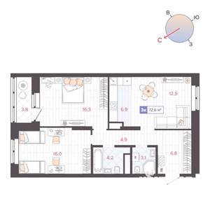 2-к квартира, строящийся дом, 73м2, 10/25 этаж