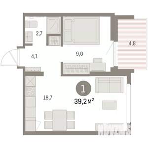 1-к квартира, вторичка, 39м2, 9/9 этаж