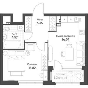 1-к квартира, строящийся дом, 41м2, 13/16 этаж