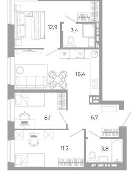 3-к квартира, вторичка, 63м2, 12/12 этаж