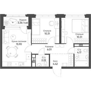 2-к квартира, строящийся дом, 55м2, 9/16 этаж