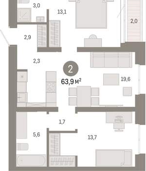 2-к квартира, вторичка, 64м2, 2/24 этаж