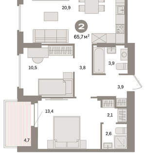 2-к квартира, вторичка, 66м2, 10/16 этаж