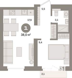 1-к квартира, вторичка, 38м2, 4/9 этаж