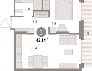 1-к квартира, вторичка, 42м2, 6/9 этаж