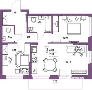 3-к квартира, строящийся дом, 63м2, 9/25 этаж