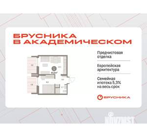 1-к квартира, вторичка, 41м2, 6/9 этаж