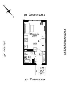 Студия квартира, строящийся дом, 27м2, 23/25 этаж