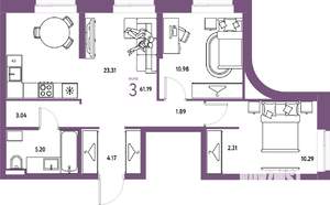 3-к квартира, вторичка, 61м2, 3/24 этаж
