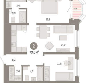 2-к квартира, вторичка, 74м2, 12/24 этаж