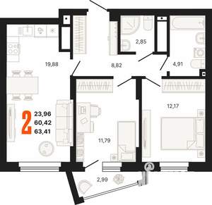 2-к квартира, строящийся дом, 63м2, 21/25 этаж
