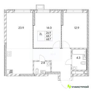 2-к квартира, вторичка, 69м2, 22/31 этаж