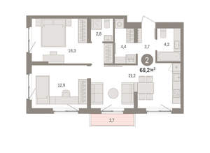 2-к квартира, вторичка, 68м2, 2/15 этаж