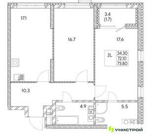 2-к квартира, вторичка, 74м2, 10/30 этаж