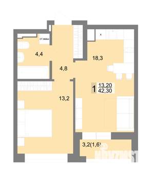 1-к квартира, вторичка, 42м2, 5/25 этаж
