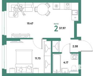 2-к квартира, строящийся дом, 38м2, 7/21 этаж