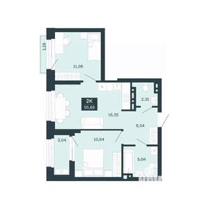 2-к квартира, строящийся дом, 56м2, 5/25 этаж