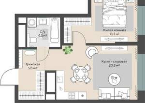 1-к квартира, строящийся дом, 45м2, 11/30 этаж