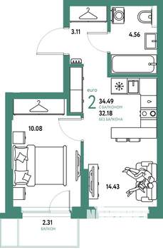 2-к квартира, строящийся дом, 34м2, 3/25 этаж