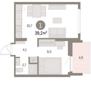 1-к квартира, вторичка, 39м2, 7/9 этаж