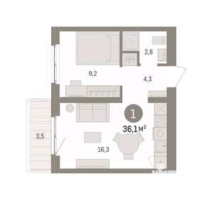 1-к квартира, вторичка, 36м2, 3/8 этаж