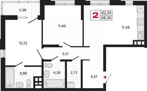 2-к квартира, вторичка, 66м2, 7/20 этаж