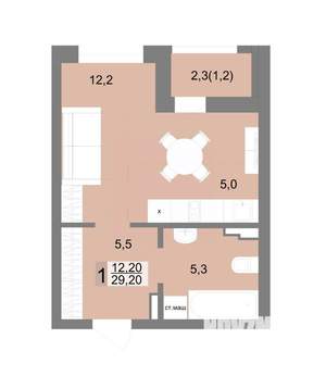 1-к квартира, строящийся дом, 29м2, 2/25 этаж