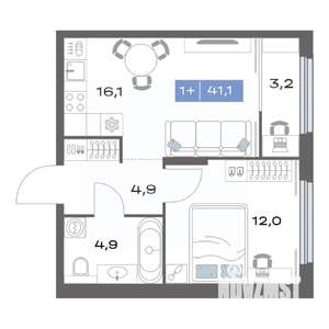 1-к квартира, строящийся дом, 41м2, 15/25 этаж