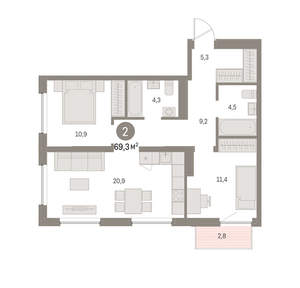 2-к квартира, вторичка, 69м2, 2/16 этаж
