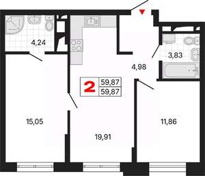 2-к квартира, вторичка, 60м2, 13/25 этаж