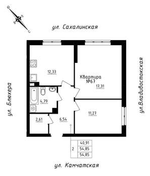 2-к квартира, строящийся дом, 55м2, 6/25 этаж