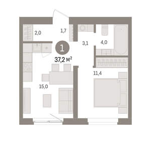 1-к квартира, вторичка, 37м2, 4/15 этаж