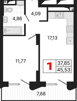 1-к квартира, вторичка, 46м2, 8/25 этаж