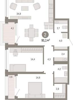 2-к квартира, вторичка, 91м2, 3/8 этаж