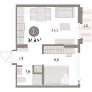 1-к квартира, вторичка, 35м2, 8/9 этаж