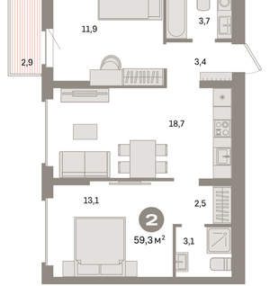 2-к квартира, вторичка, 59м2, 5/9 этаж