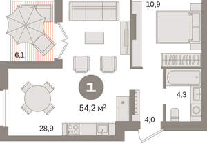 1-к квартира, вторичка, 54м2, 9/9 этаж