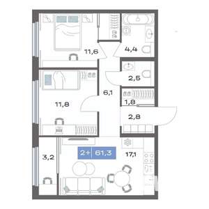 2-к квартира, строящийся дом, 61м2, 10/20 этаж