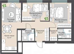 2-к квартира, строящийся дом, 74м2, 26/27 этаж